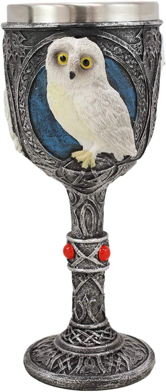 Ebros Dazed Snow White Owl With Celtic Tribal Tattoo Wine Goblet Chalice 7.25"H