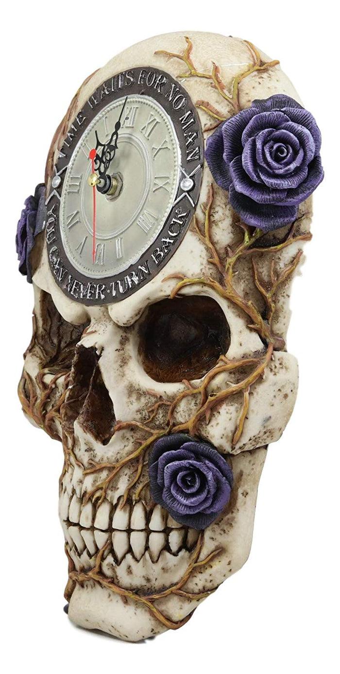 Ebros Decorative Gothic Macabre Grinning Skull With Purple Rose Vines Reverse Wall Clock With Roman Numerals Figurine 10.5" H Never Turn Back Time Ossuary Day Of The Dead Halloween Spooky Collectible