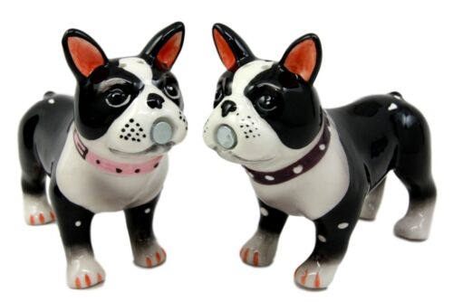 Ebros Dog Boston Terrier Salt & Pepper Shakers Ceramic Magnetic Figurine Set 4"L
