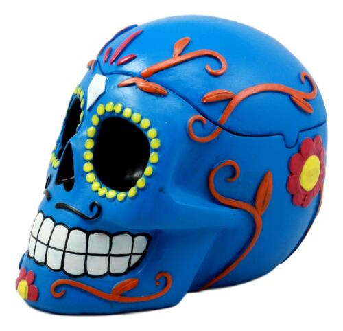 Ebros Dulce De Muerte Day Of The Dead Blue Sugar Skull Ashtray Tribal Tattoo Skull Jewelry Box Figurine 6"Long