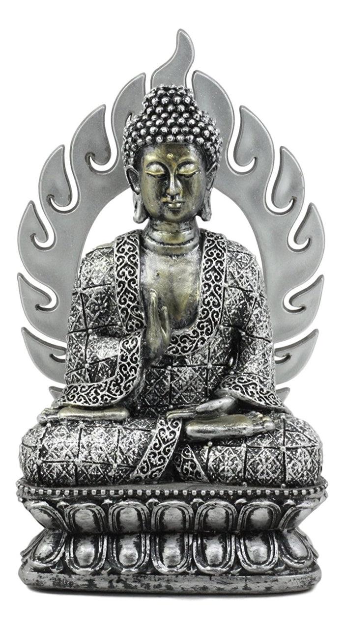 Ebros Eastern Enlightenment Silver Meditating Buddha Seated On Fire Throne Statue 8.25"Tall Qi Soul Fire Element Polyresin Sculpture Buddhism Figurine Ebros Eastern Enlightenment Silver Meditating Buddha Seated On Fire Throne Statue 8.25"Tall Qi Soul Fire Element Polyresin Sculpture Buddhism Figurine