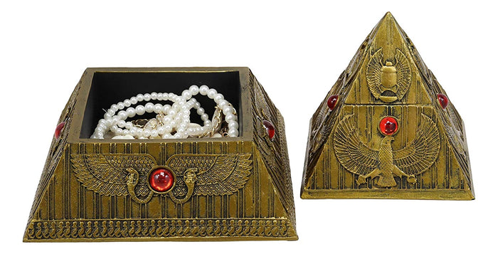 Ebros Egyptian Golden Winged Scarab Falcon Pyramid Jewelry Box Figurine 7.25"H