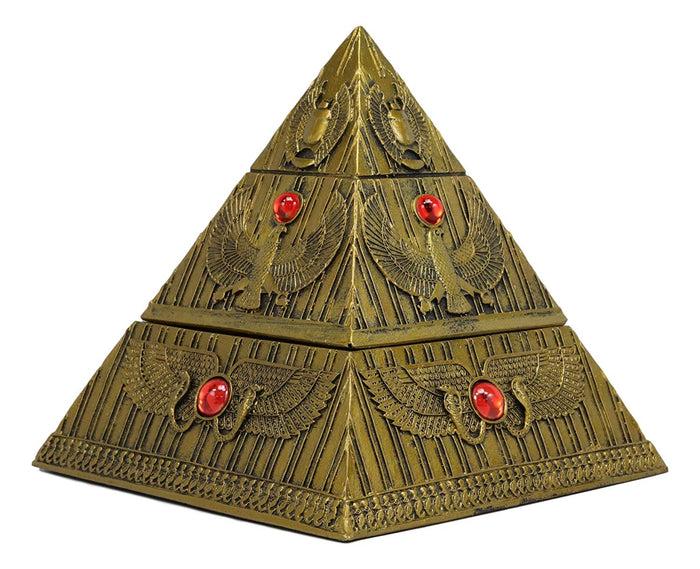 Ebros Egyptian Golden Winged Scarab Falcon Pyramid Jewelry Box Figurine 7.25"H