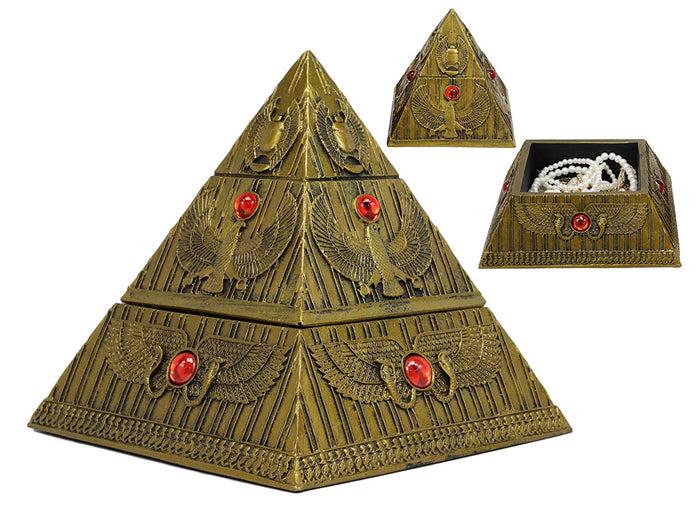 Ebros Egyptian Golden Winged Scarab Falcon Pyramid Jewelry Box Figurine 7.25"H