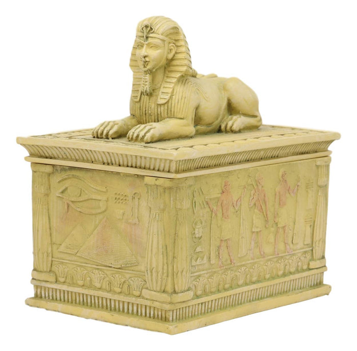 Ebros Egyptian Guardian Sphinx Decorative Rectangular Box In Sandstone Finish 4.25" Long Classical Egypt Monument Androsphinx With Hieroglyphic Deities Jewelry Trinket Box Sculpture