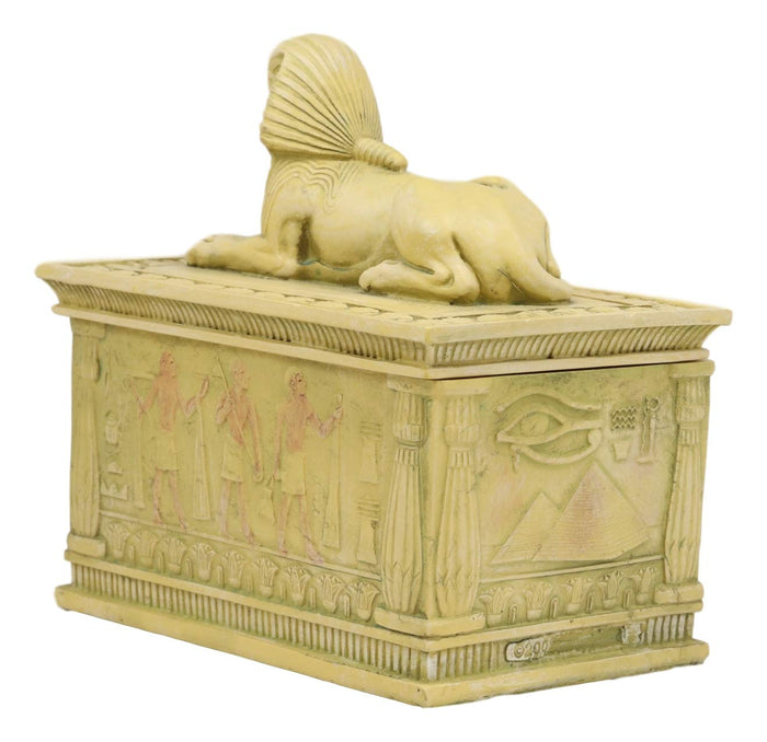 Ebros Egyptian Guardian Sphinx Decorative Rectangular Box In Sandstone Finish 4.25" Long Classical Egypt Monument Androsphinx With Hieroglyphic Deities Jewelry Trinket Box Sculpture