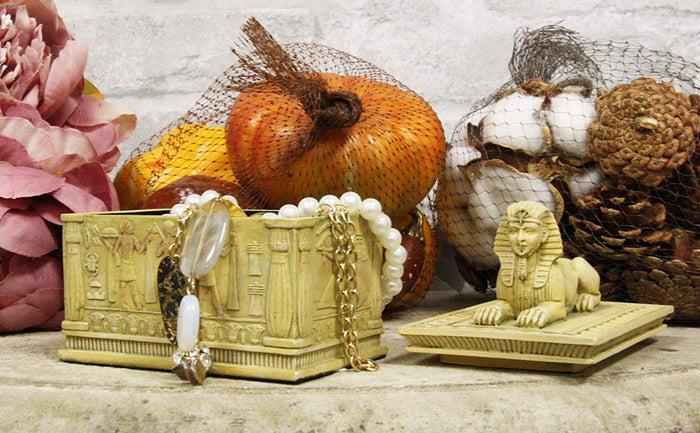 Ebros Egyptian Guardian Sphinx Decorative Rectangular Box In Sandstone Finish 4.25" Long Classical Egypt Monument Androsphinx With Hieroglyphic Deities Jewelry Trinket Box Sculpture