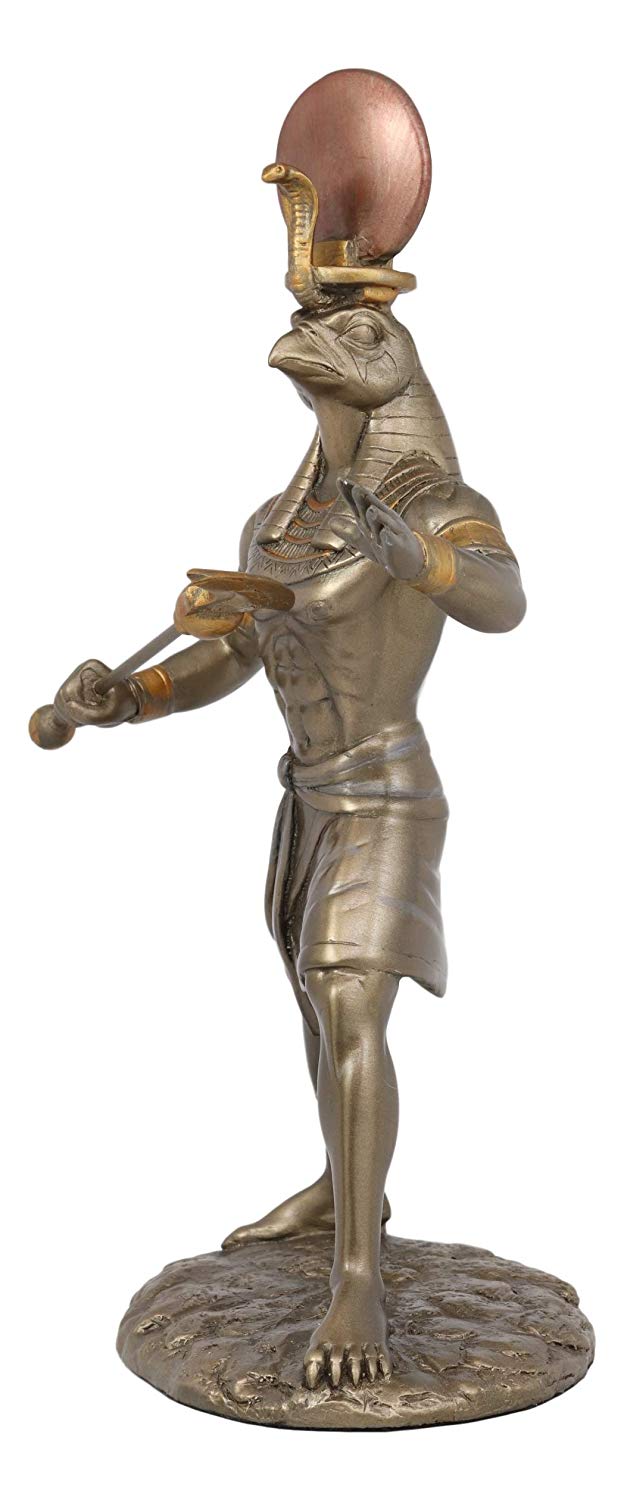 Ebros Egyptian Mythology God Horus Ra With Sun And Uraeus Disc Statue In Faux Bronze Resin Gods Of Egypt Deity Of War & Sky Falcon Heru Figurine 11" Tall Home Decor Sculpture