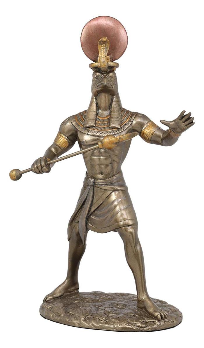Ebros Egyptian Mythology God Horus Ra With Sun And Uraeus Disc Statue In Faux Bronze Resin Gods Of Egypt Deity Of War & Sky Falcon Heru Figurine 11" Tall Home Decor Sculpture