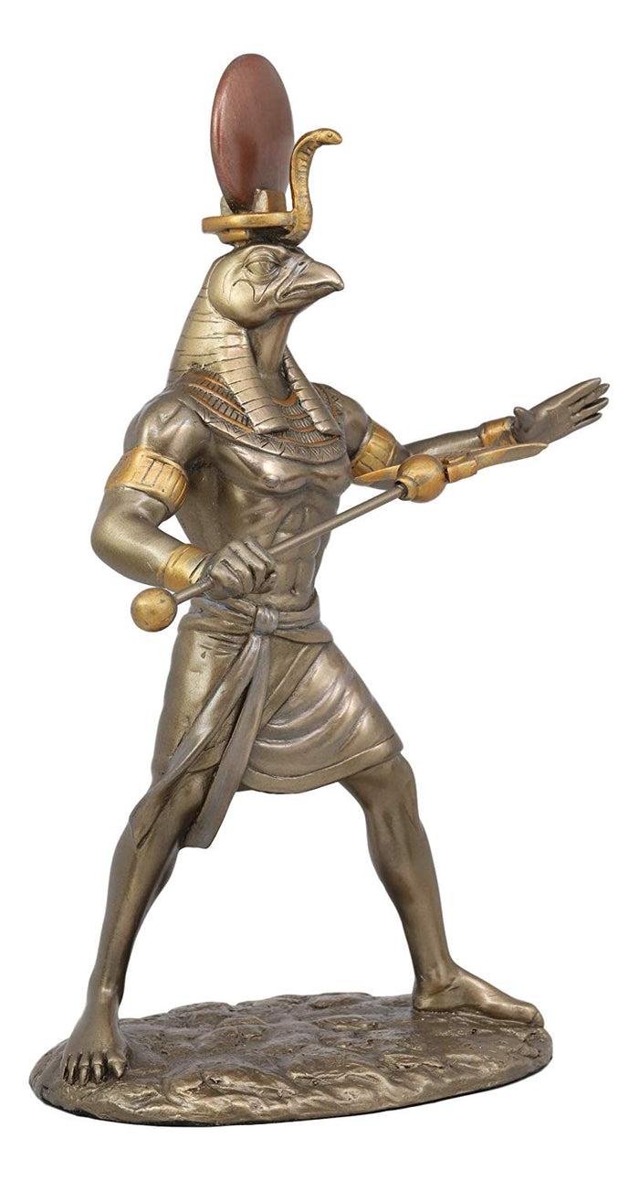 Ebros Egyptian Mythology God Horus Ra With Sun And Uraeus Disc Statue In Faux Bronze Resin Gods Of Egypt Deity Of War & Sky Falcon Heru Figurine 11" Tall Home Decor Sculpture