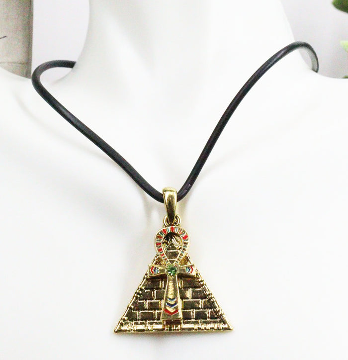 Ebros Egyptian Theme Pewter Alloy Pyramid Ankh Necklace Pendant Jewelry Fashion