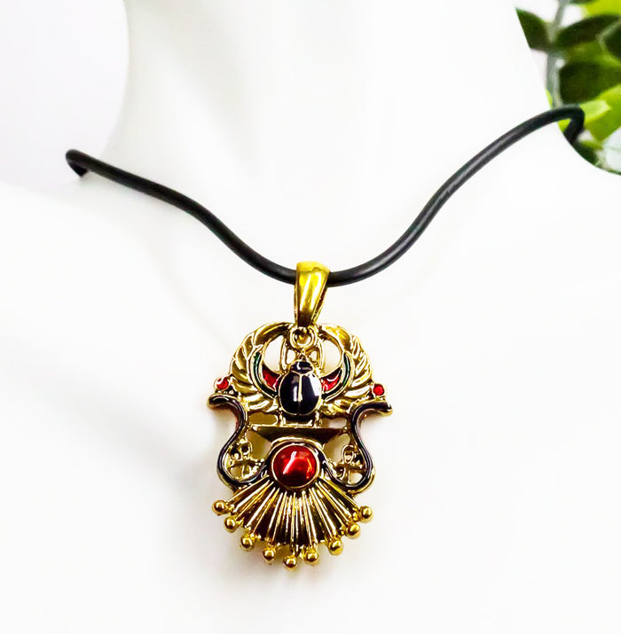 Ebros Egyptian Winged Scarab Dual Cobra Head Ankh Necklace Pendant Jewelry