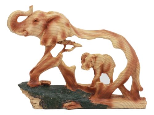 Ebros Elephant And Baby Walking In The Jungle Statue 9" Long Faux Wood Resin Wildlife Safari Elephant Family Scene Figurine