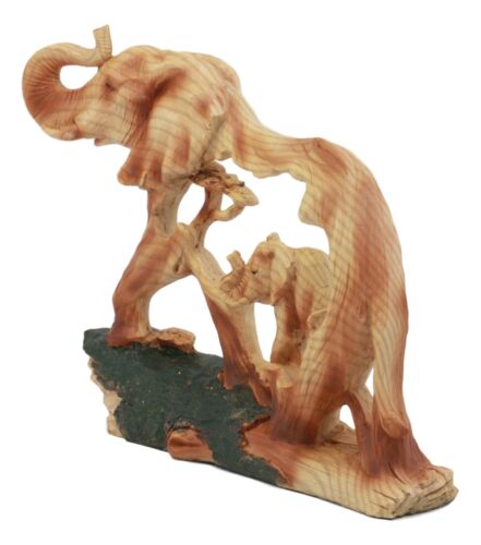 Ebros Elephant And Baby Walking In The Jungle Statue 9" Long Faux Wood Resin Wildlife Safari Elephant Family Scene Figurine
