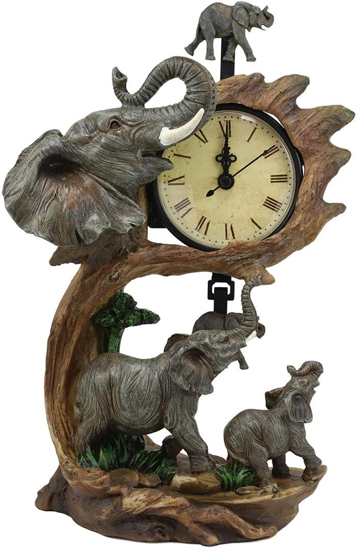 Ebros Elephant Father And Calf Family Table Clock With Pendulum 10.5" Height