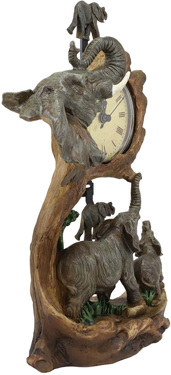Ebros Elephant Father And Calf Family Table Clock With Pendulum 10.5" Height