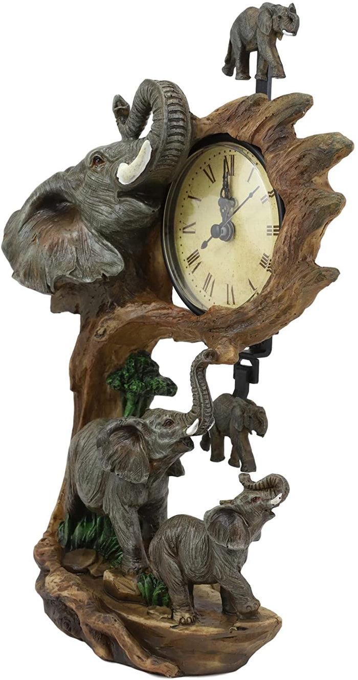 Ebros Elephant Father And Calf Family Table Clock With Pendulum 10.5" Height