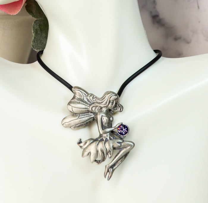 Ebros Enchanted Fairy Holding Purple Gem Medallion Necklace Accessory Jewelry