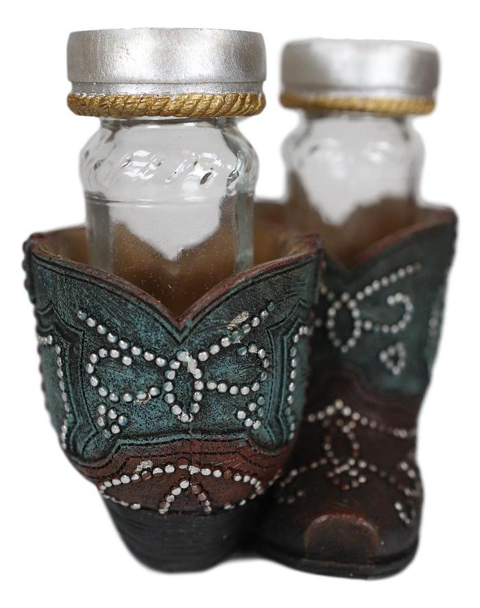 Ebros Fancy Beads Turquoise Pair Of Cowgirl Boots Salt And Pepper Shakers Holder Set