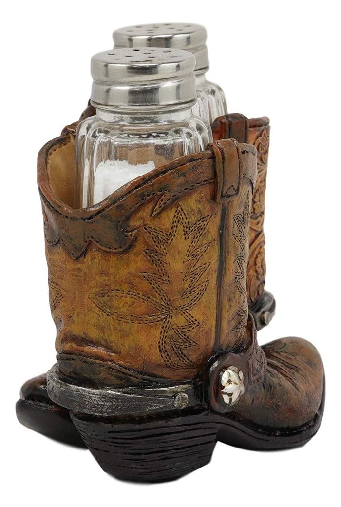 Ebros Fancy Pair Of Cowboy Boots W/ Texas Star Salt & Pepper Shakers Holder Set