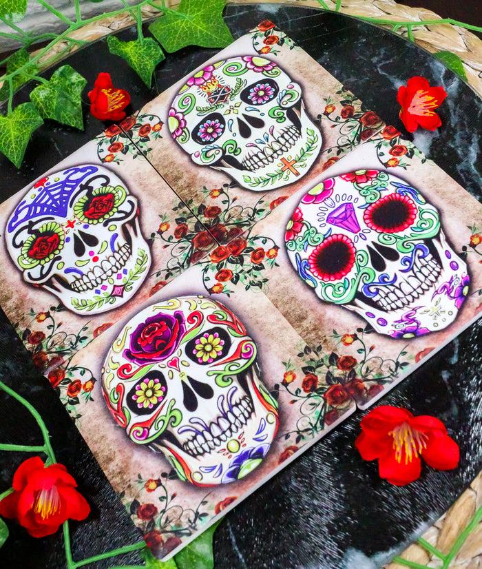 Ebros Fancy Sugar Skulls Day Of The Dead Ceramic Coaster Set Of 4 Tiles