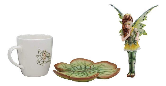 Ebros Fantasy Pixie Beverage Teacup Fairy Standing On Flower Saucer Display Stand Holder Statue With Dream Eden Coffee Mug Set For Whimsical Tea Party Decor Accent Of Fairies Nymphs Pixies (Green)