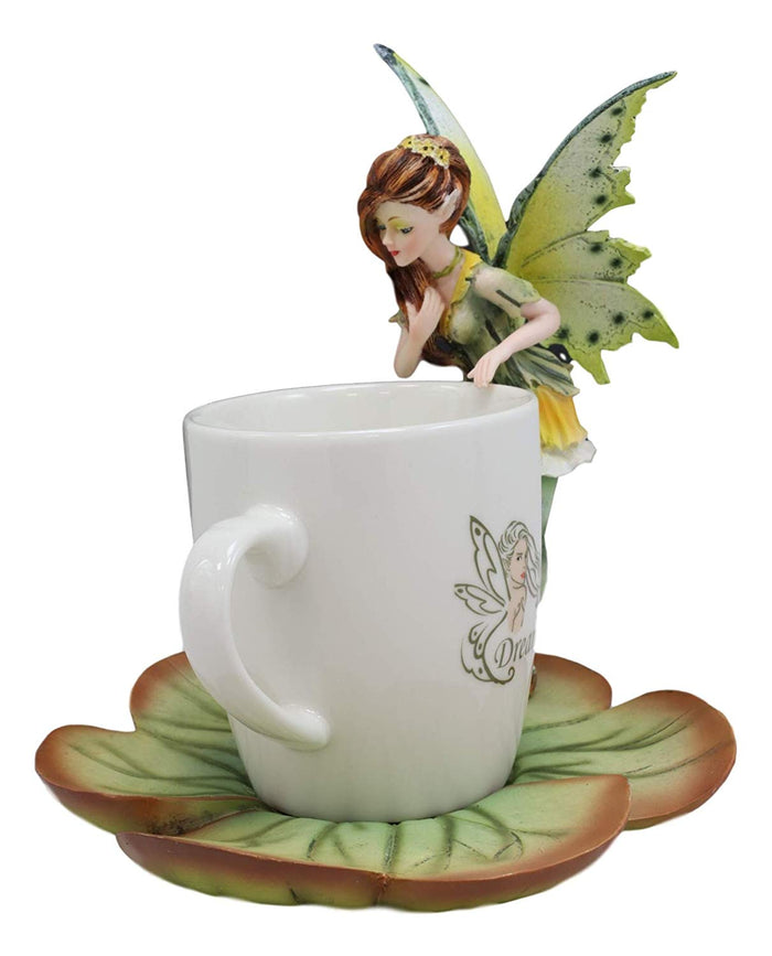 Ebros Fantasy Pixie Beverage Teacup Fairy Standing On Flower Saucer Display Stand Holder Statue With Dream Eden Coffee Mug Set For Whimsical Tea Party Decor Accent Of Fairies Nymphs Pixies (Green)