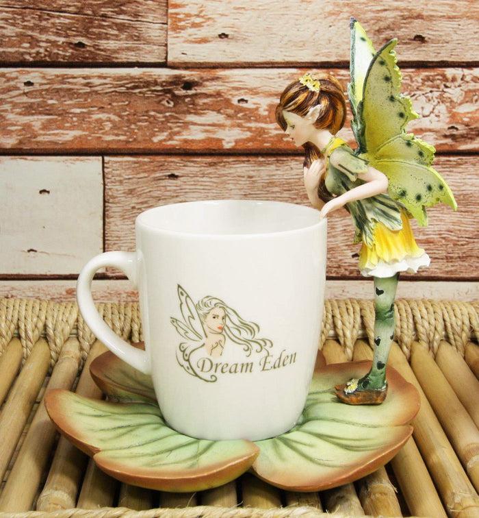 Ebros Fantasy Pixie Beverage Teacup Fairy Standing On Flower Saucer Display Stand Holder Statue With Dream Eden Coffee Mug Set For Whimsical Tea Party Decor Accent Of Fairies Nymphs Pixies (Green)