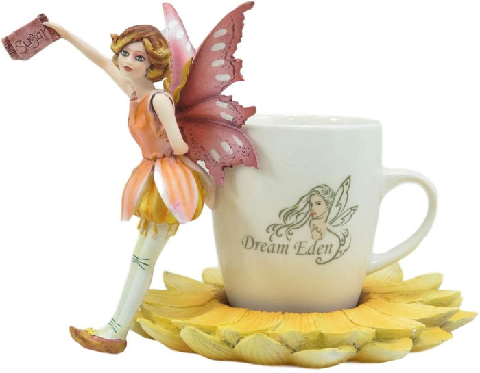 Ebros Fantasy Pixie Beverage Yellow Teacup Fairy Statue & Holder Coffee Mug Set