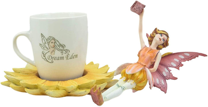 Ebros Fantasy Pixie Beverage Yellow Teacup Fairy Statue & Holder Coffee Mug Set