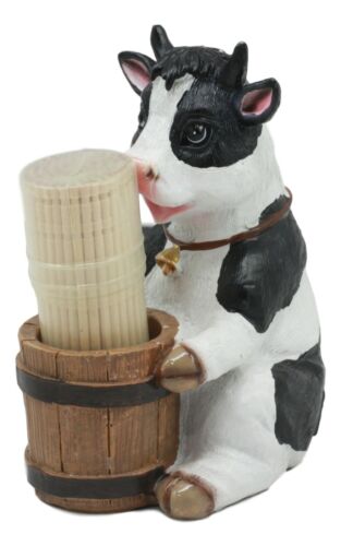 Ebros Farm Bovine Holstein Cow By Wood Barrel Toothpick Holder Statue With Toothpicks