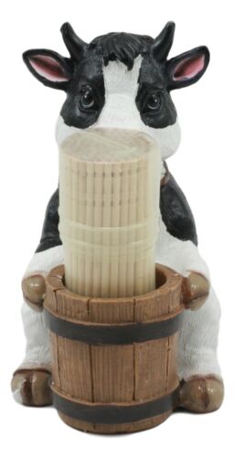 Ebros Farm Bovine Holstein Cow By Wood Barrel Toothpick Holder Statue With Toothpicks