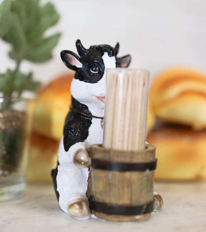 Ebros Farm Bovine Holstein Cow By Wood Barrel Toothpick Holder Statue With Toothpicks