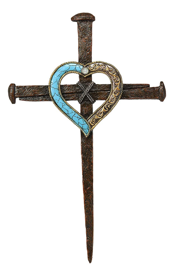 Ebros Faux Bronze Rusted Look Crucifix Driven Nails With Gold And Turquoise Heart Center Wall Cross Decor Plaque Vintage Art Hanging Sculpture 16.5" Tall