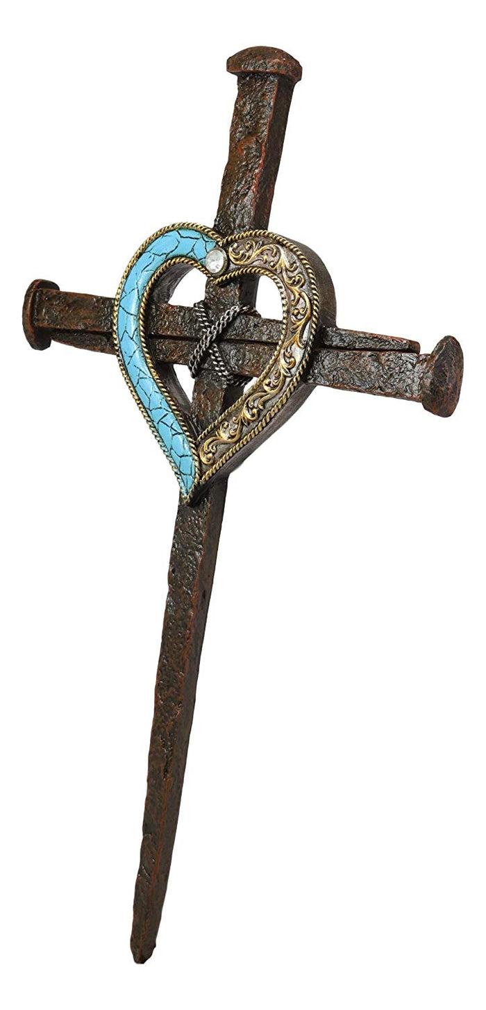 Ebros Faux Bronze Rusted Look Crucifix Driven Nails With Gold And Turquoise Heart Center Wall Cross Decor Plaque Vintage Art Hanging Sculpture 16.5" Tall