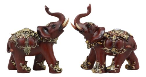Ebros Faux Wood Feng Shui Elephant With Trunk Up Statue Set Of 2 Long Decorated Thai Buddhism Noble Elephant Trumpeting Left And Right Directions Animal Sculpture