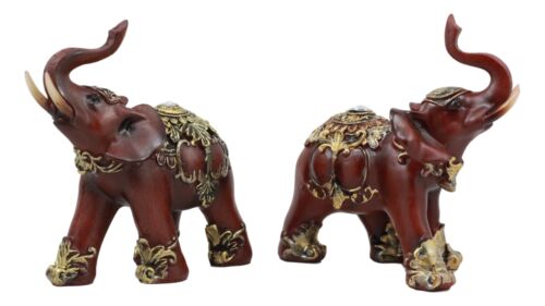 Ebros Faux Wood Feng Shui Elephant With Trunk Up Statue Set Of 2 Long Decorated Thai Buddhism Noble Elephant Trumpeting Left And Right Directions Animal Sculpture