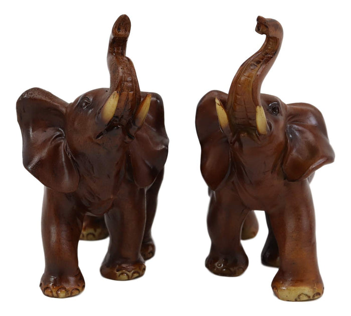 Ebros Faux Wood Feng Shui Elephant With Trunk Up Statue Set Of 2 Thai Buddhism