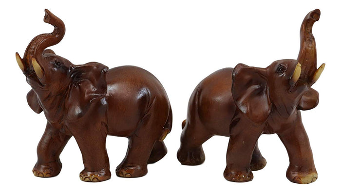 Ebros Faux Wood Feng Shui Elephant With Trunk Up Statue Set Of 2 Thai Buddhism