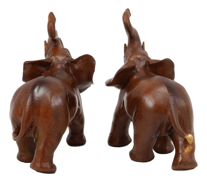Ebros Faux Wood Feng Shui Elephant With Trunk Up Statue Set Of 2 Thai Buddhism