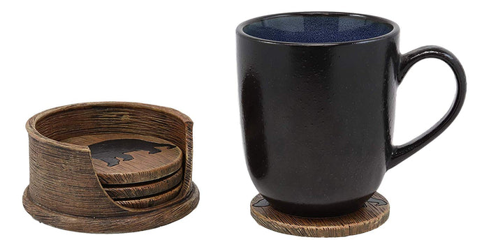 Ebros Faux Wood Rustic Forest Black Bear Coaster Holder With 4 Round Coasters Set