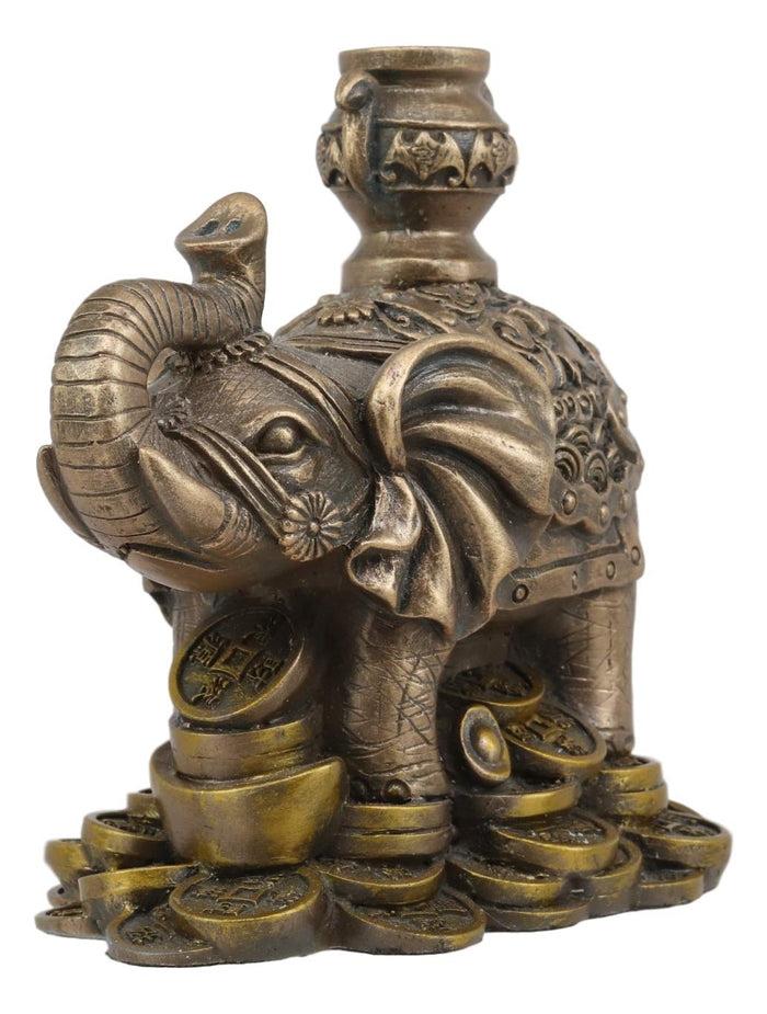 Ebros Feng Shui Auspicious Elephant With Trunk Up Standing On Gold Ingot Coins Statue