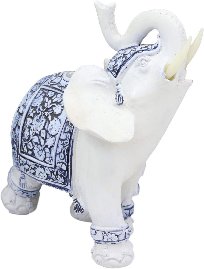 Ebros Feng Shui Blue & White Floral Left Facing Elephant With Trunk Up Figurine