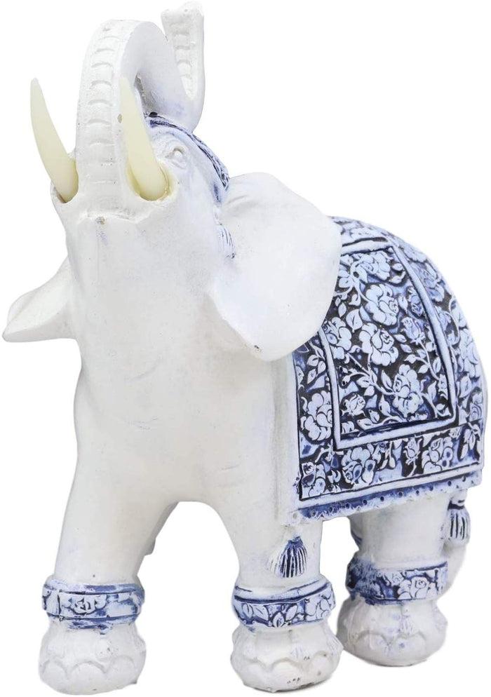 Ebros Feng Shui Blue & White Floral Left Facing Elephant With Trunk Up Figurine