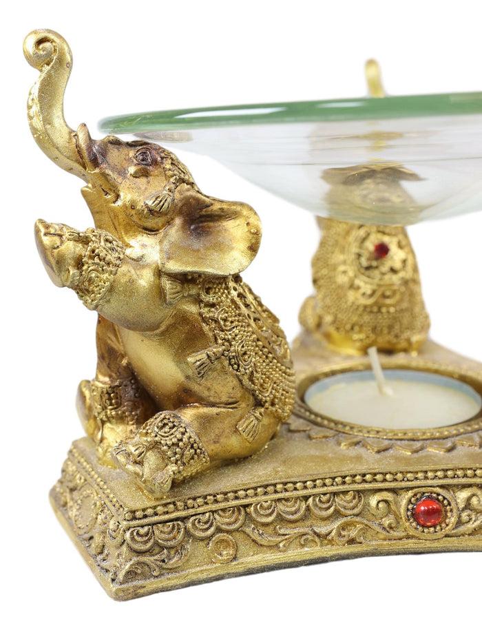 Ebros Feng Shui Golden Thai Buddha Elephants Trumpeting Candle Oil Warmer Statue
