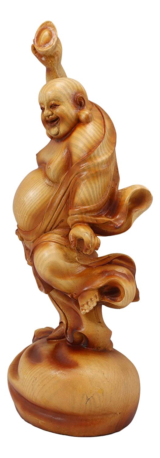 Ebros Feng Shui Hotei Dancing Buddha With Gold Ingot And Money Bag Statue 11" H