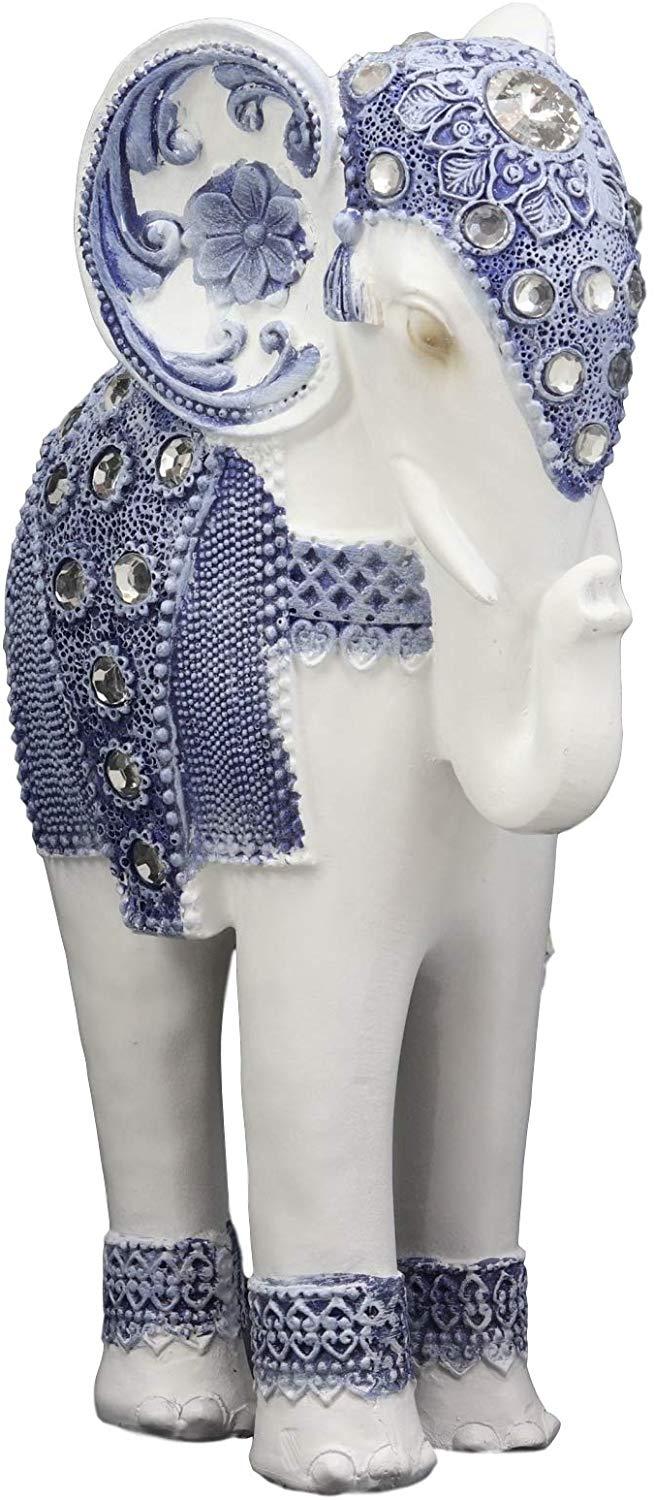 Ebros Feng Shui Ming Style Blue And White Ornate Design With Crystals Resting Elephant Statue 9.25" High
