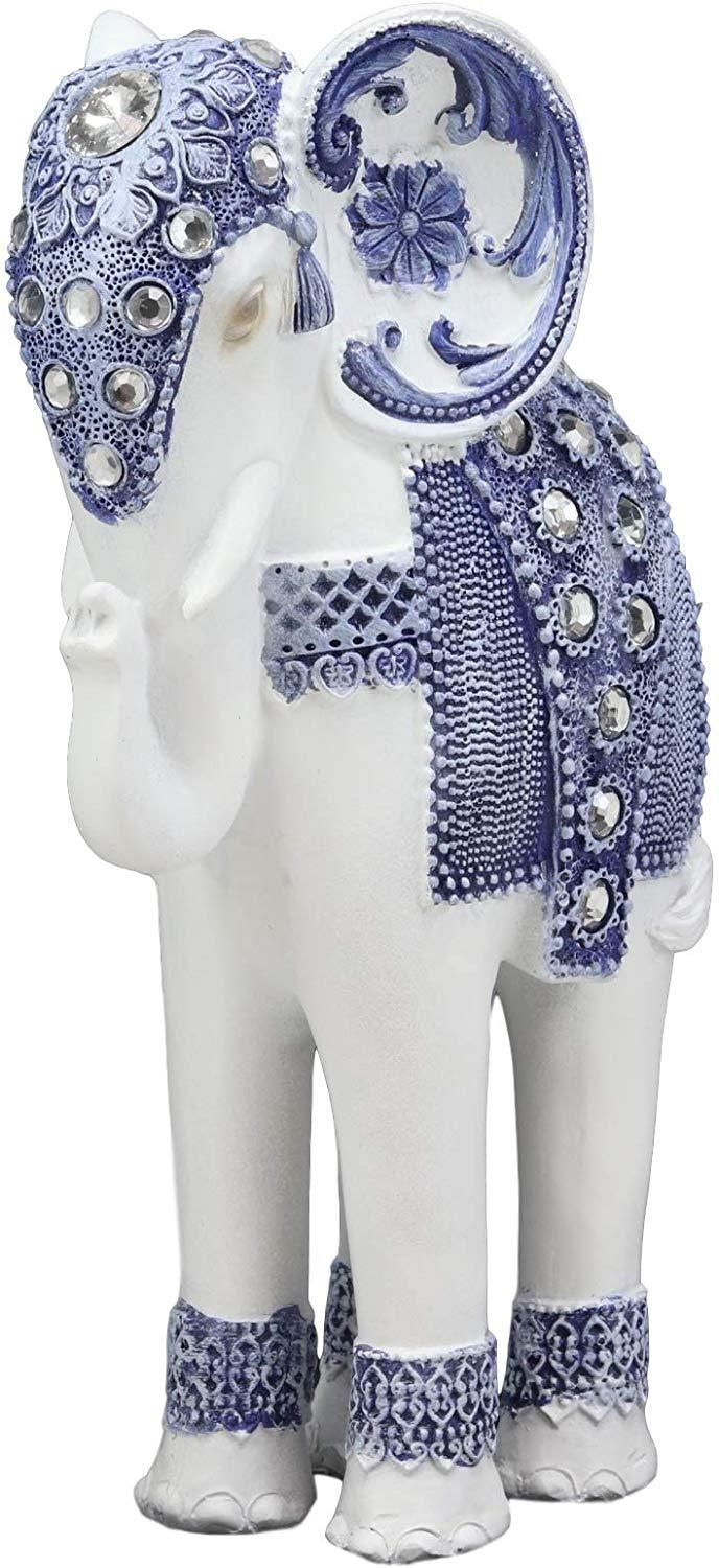 Ebros Feng Shui Ming Style Blue And White Ornate Design With Crystals Resting Elephant Statue 9.25" High