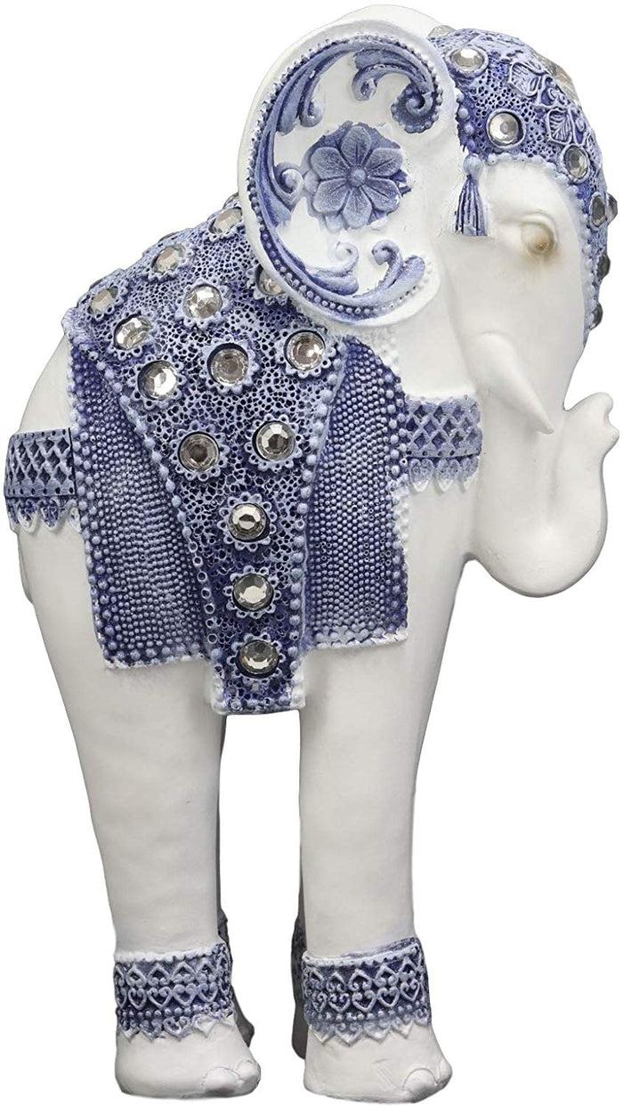 Ebros Feng Shui Ming Style Blue And White Ornate Design With Crystals Resting Elephant Statue 9.25" High