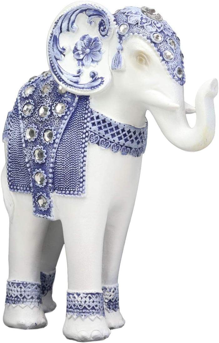 Ebros Feng Shui Ming Style Blue And White Ornate Design With Crystals Trunk Up Elephant Statue 8.75" High